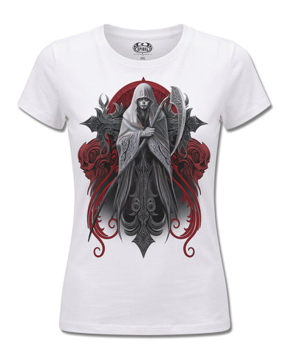 Spiral Reaperess design, front view on White F776, Rock Off Retail official merch