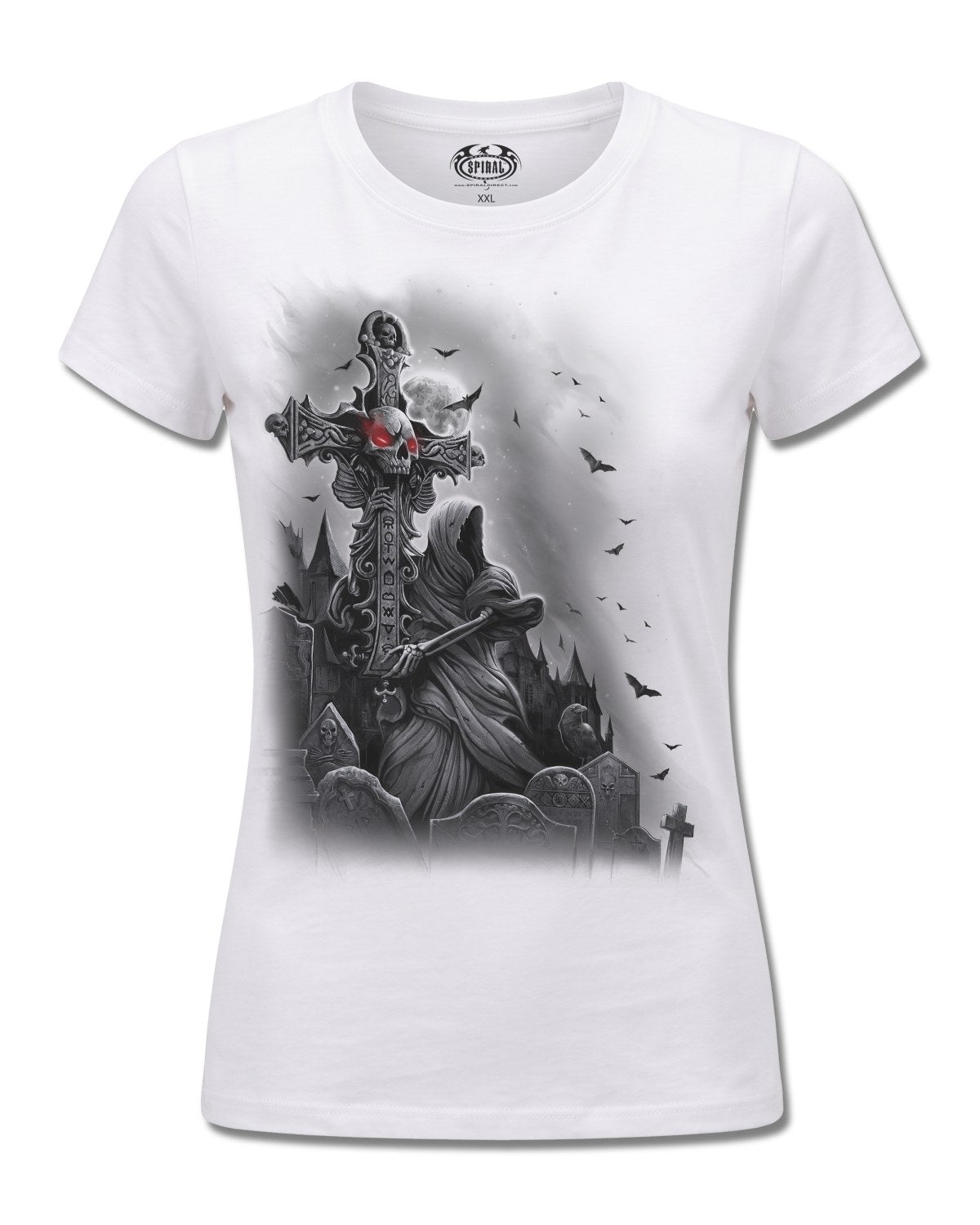 Spiral Grave Walker design, front view on White F776, Rock Off Retail official merch