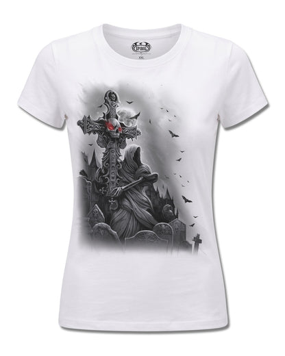 Spiral Grave Walker design, front view on White F776, Rock Off Retail official merch