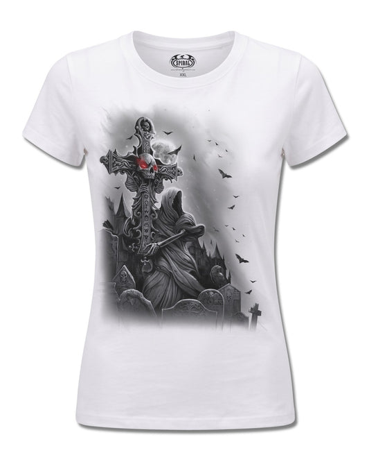 Spiral Grave Walker design, front view on White F776, Rock Off Retail official merch