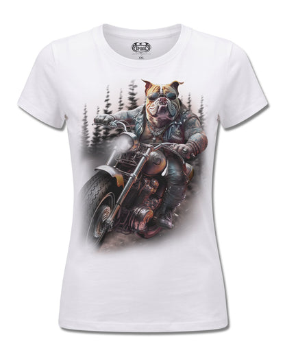 Spiral Top Dog design, front view on White F776, Rock Off Retail official merch