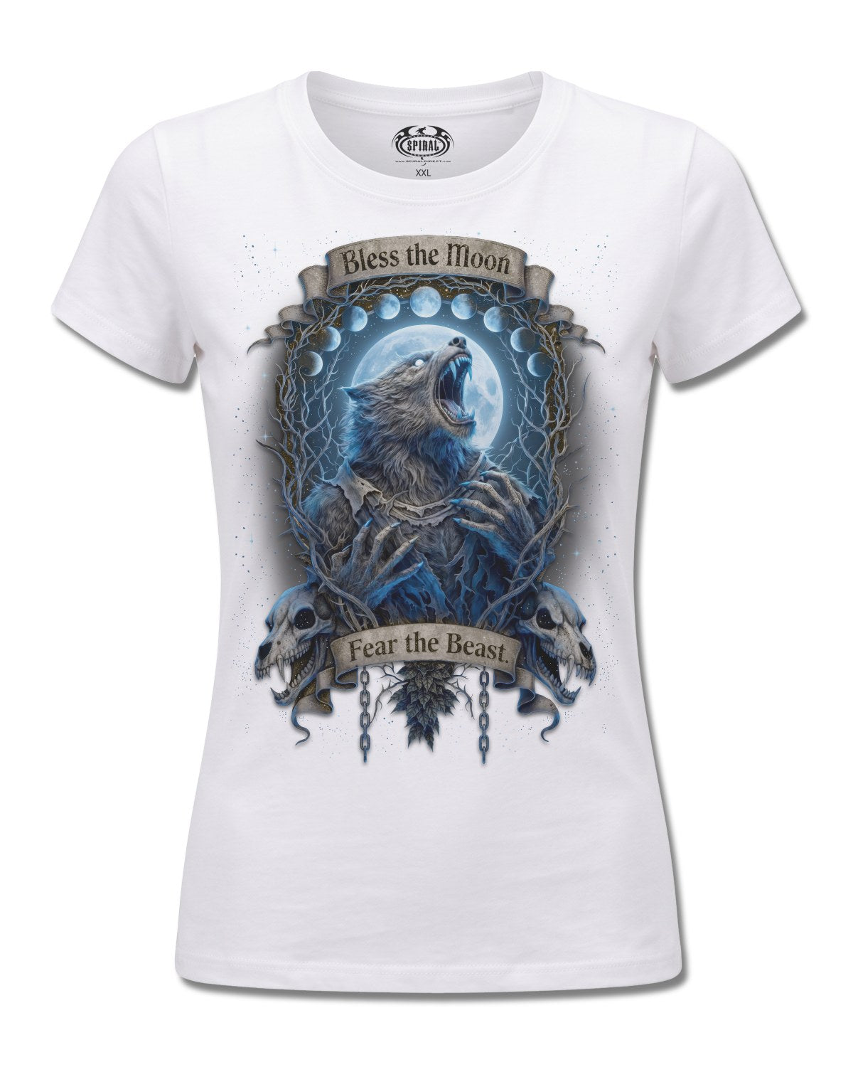 Spiral Fear The Beast design, front view on White F776, Rock Off Retail official merch
