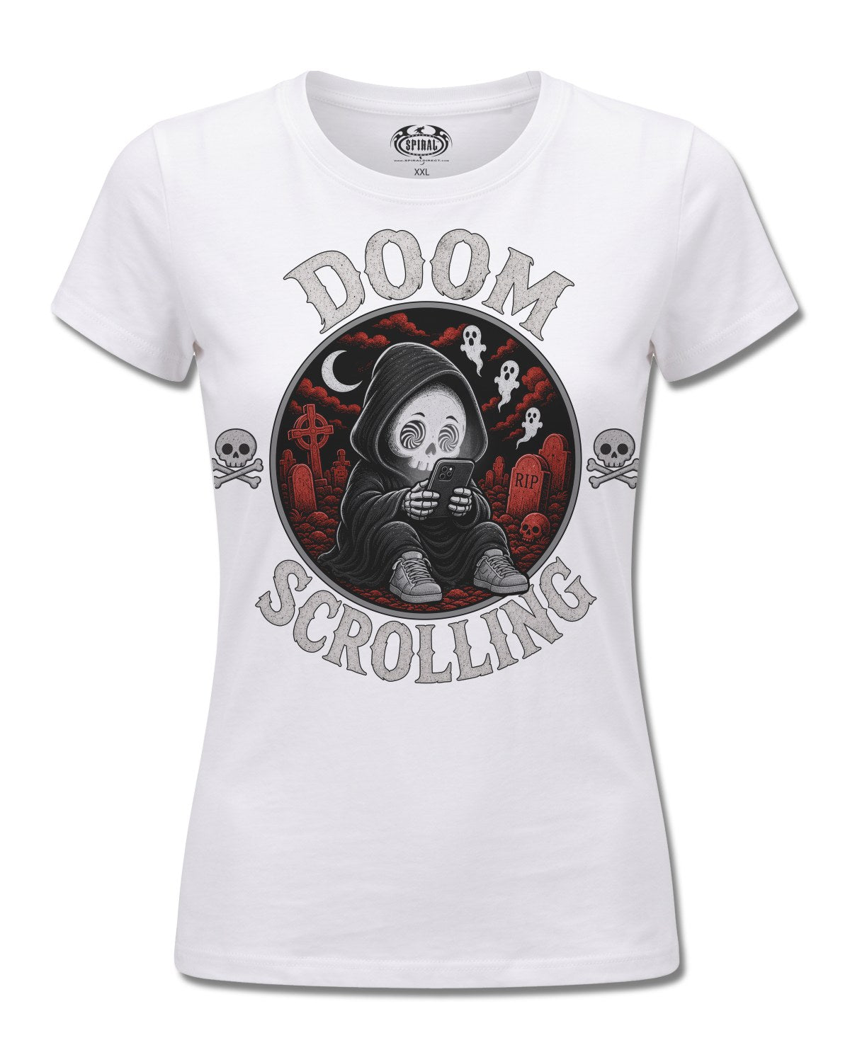 Spiral Doom Scrolling design, front view on White F776, Rock Off Retail official merch