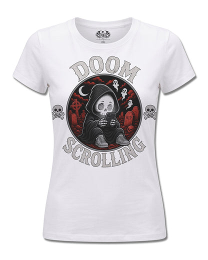 Spiral Doom Scrolling design, front view on White F776, Rock Off Retail official merch