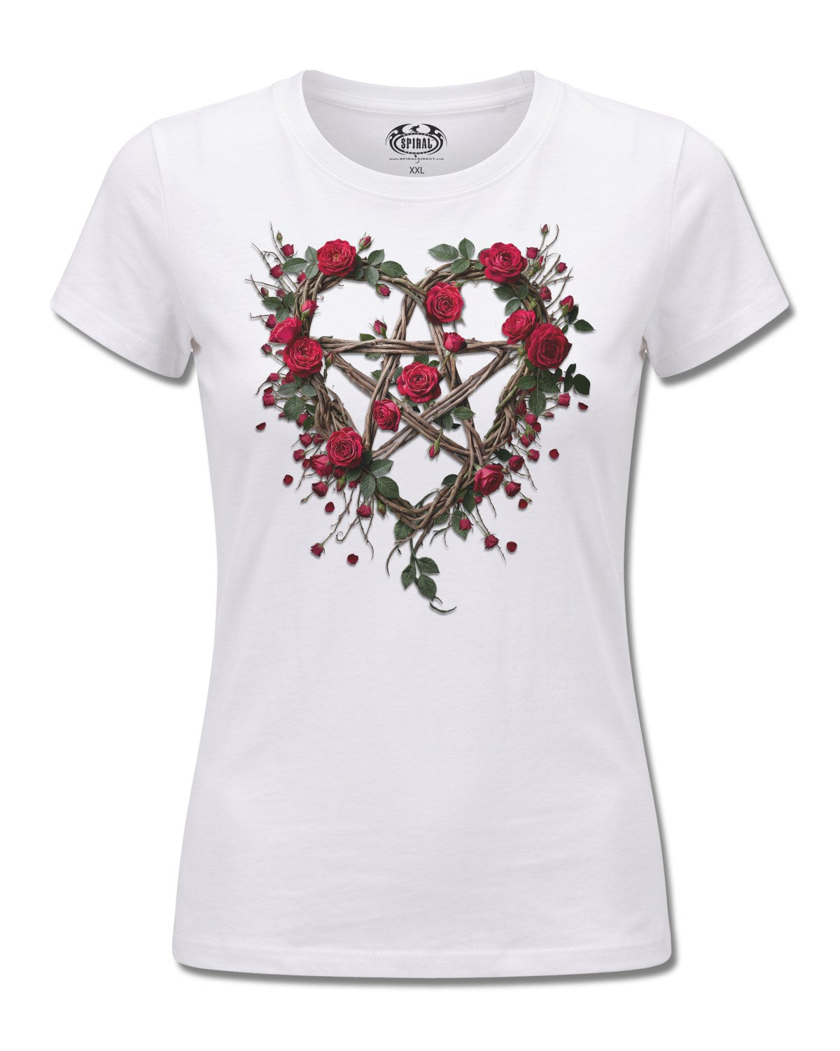 Spiral Rose Pentagram design, front view on White F776, Rock Off Retail official merch