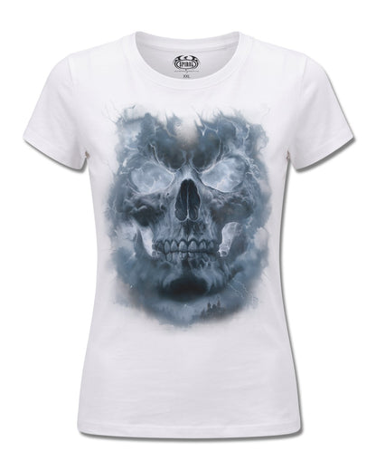 Spiral Grave Skies design, front view on White F776, Rock Off Retail official merch