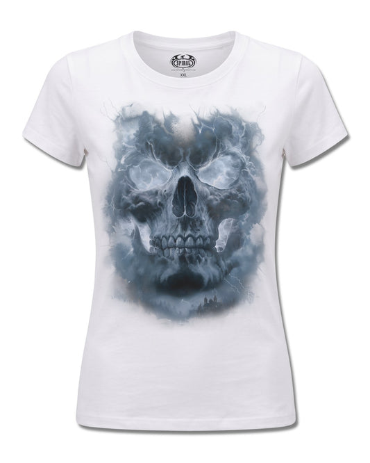 Spiral Grave Skies design, front view on White F776, Rock Off Retail official merch
