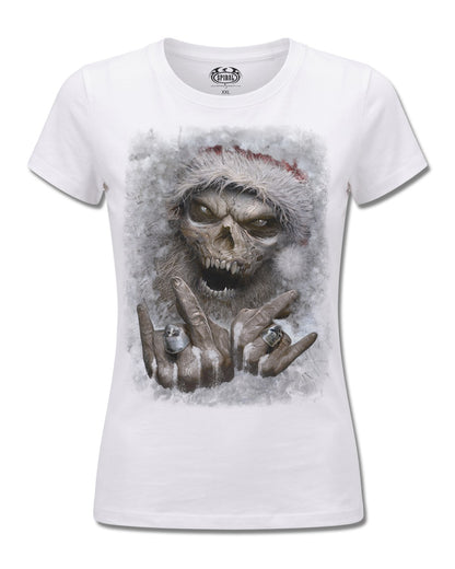 Spiral Rock Santa design, front view on White F776, Rock Off Retail official merch