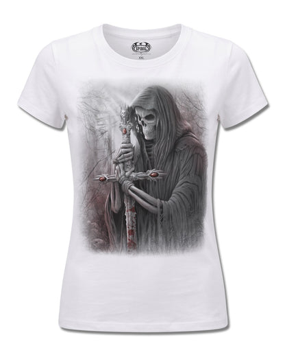 Spiral Soul Searcher design, front view on White F776, Rock Off Retail official merch
