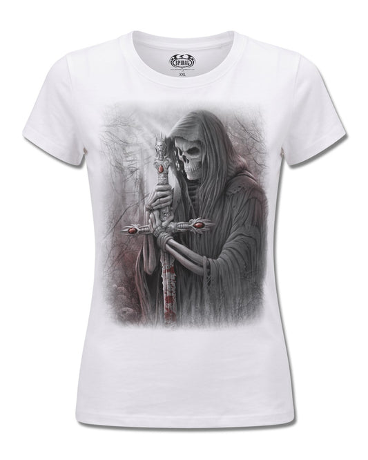 Spiral Soul Searcher design, front view on White F776, Rock Off Retail official merch