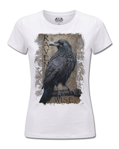 Spiral Raven Wise design, front view on White F776, Rock Off Retail official merch