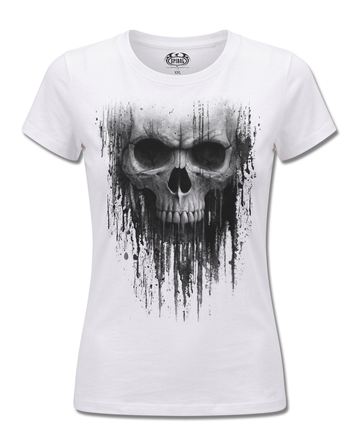 Spiral Acid Skull design, front view on White F776, Rock Off Retail official merch