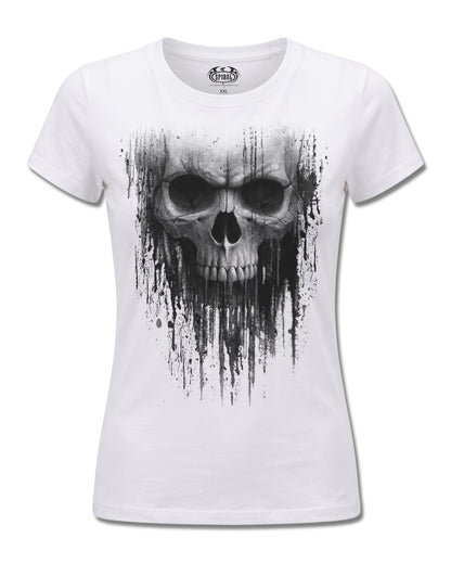 Spiral Acid Skull design, front view on White F776, Rock Off Retail official merch