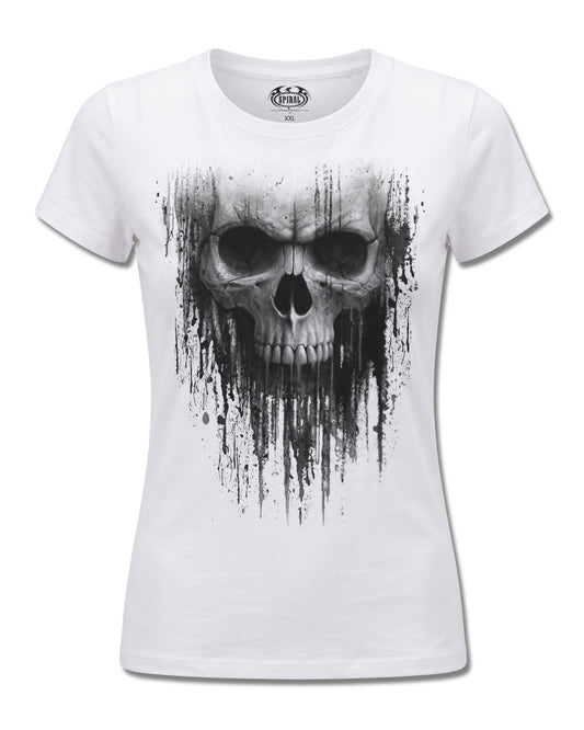 Spiral Acid Skull design, front view on White F776, Rock Off Retail official merch