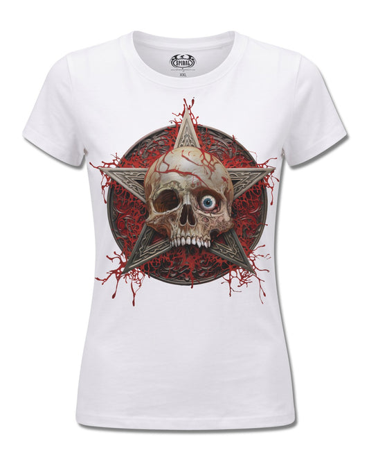 Spiral Creeping Curse design, front view on White F776, Rock Off Retail official merch