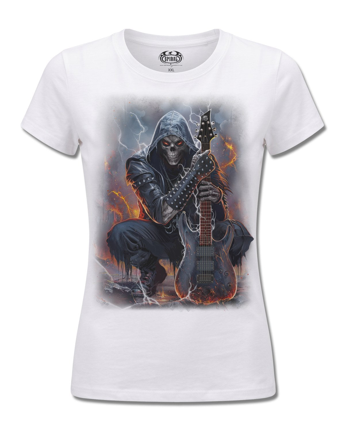 Spiral Death Rocker design, front view on White F776, Rock Off Retail official merch