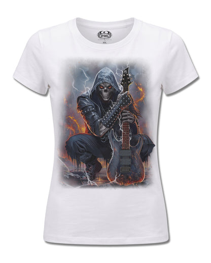 Spiral Death Rocker design, front view on White F776, Rock Off Retail official merch