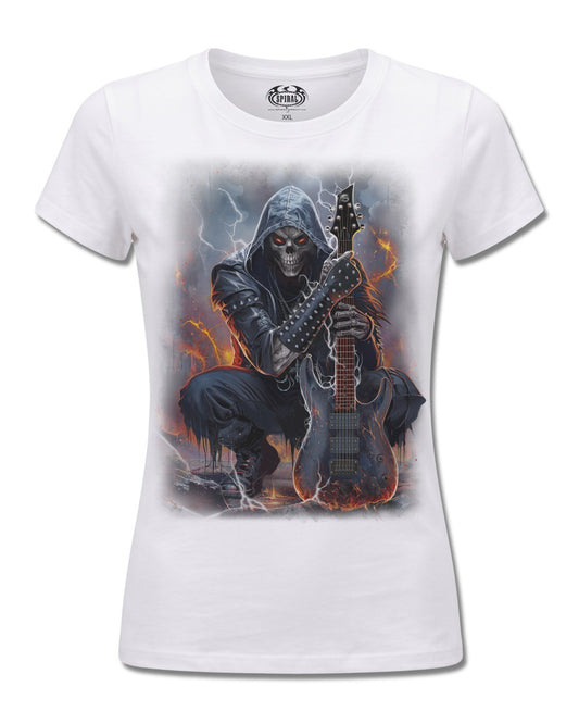 Spiral Death Rocker design, front view on White F776, Rock Off Retail official merch