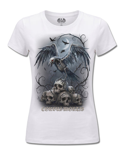 Spiral Corvus Mortis design, front view on White F776, Rock Off Retail official merch