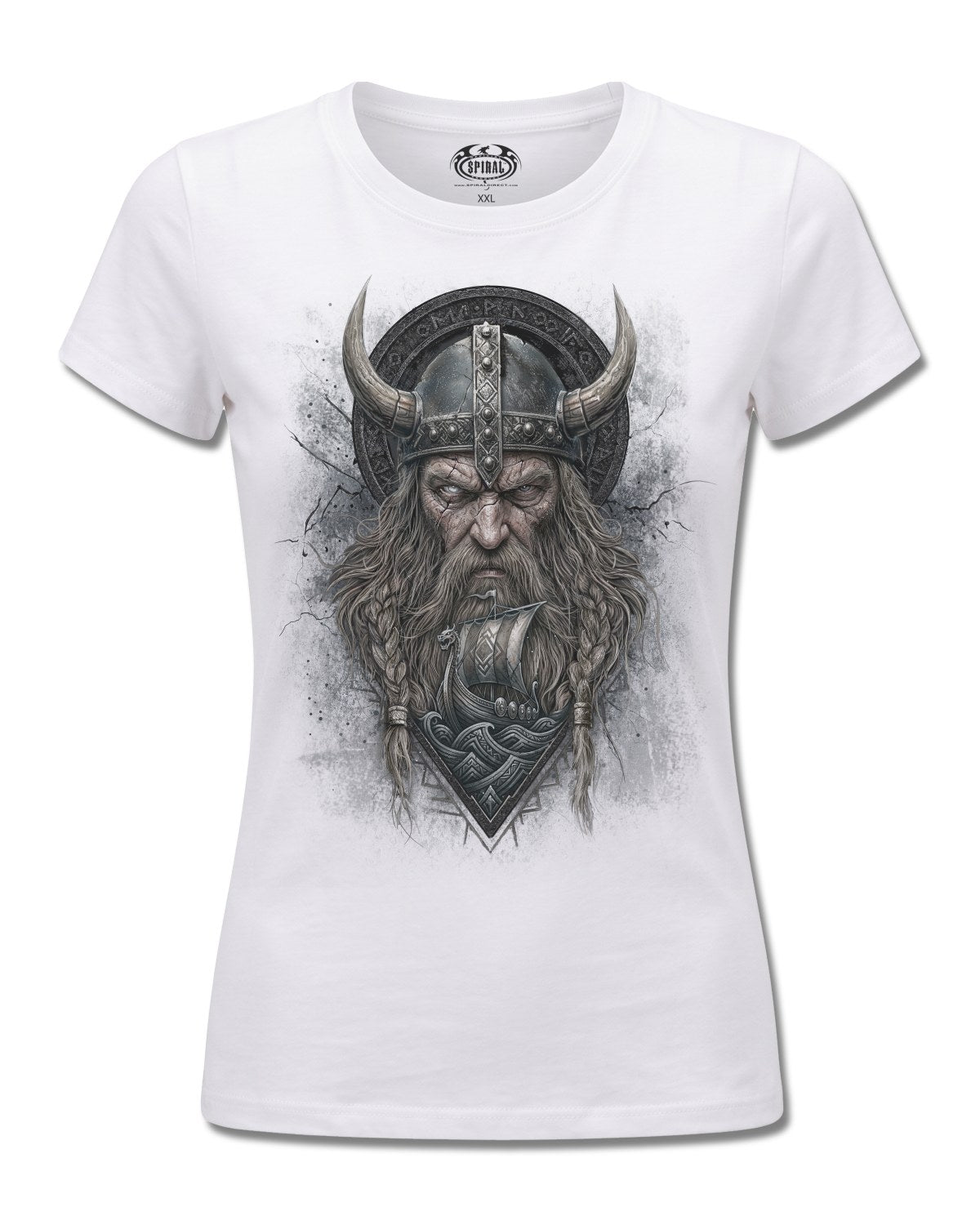 Spiral Viking Norseman design, front view on White F776, Rock Off Retail official merch