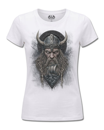 Spiral Viking Norseman design, front view on White F776, Rock Off Retail official merch