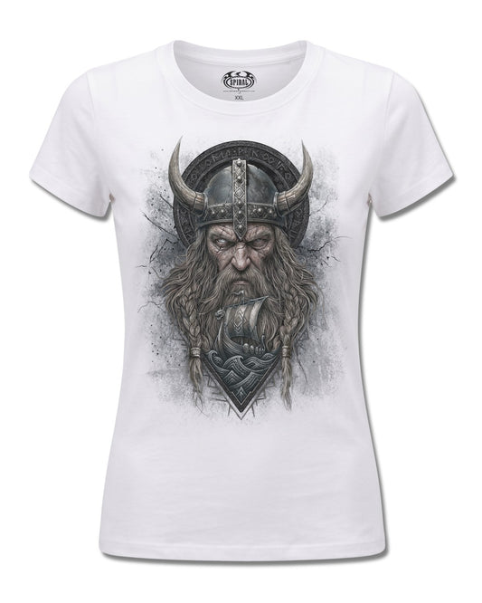 Spiral Viking Norseman design, front view on White F776, Rock Off Retail official merch