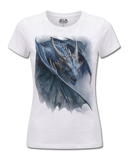 Spiral Storm Dragon design, front view on White F776, Rock Off Retail official merch