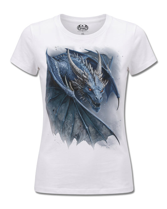 Spiral Storm Dragon design, front view on White F776, Rock Off Retail official merch