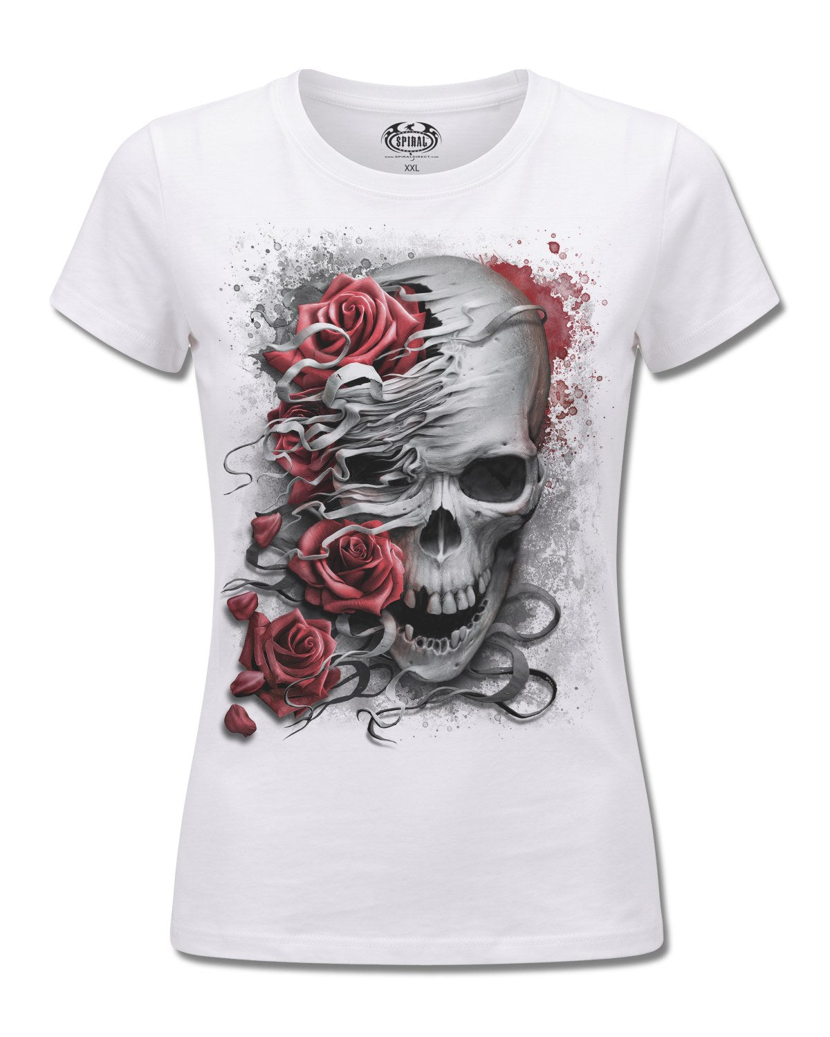 Spiral Skulls N' Roses design, front view on White F776, Rock Off Retail official merch