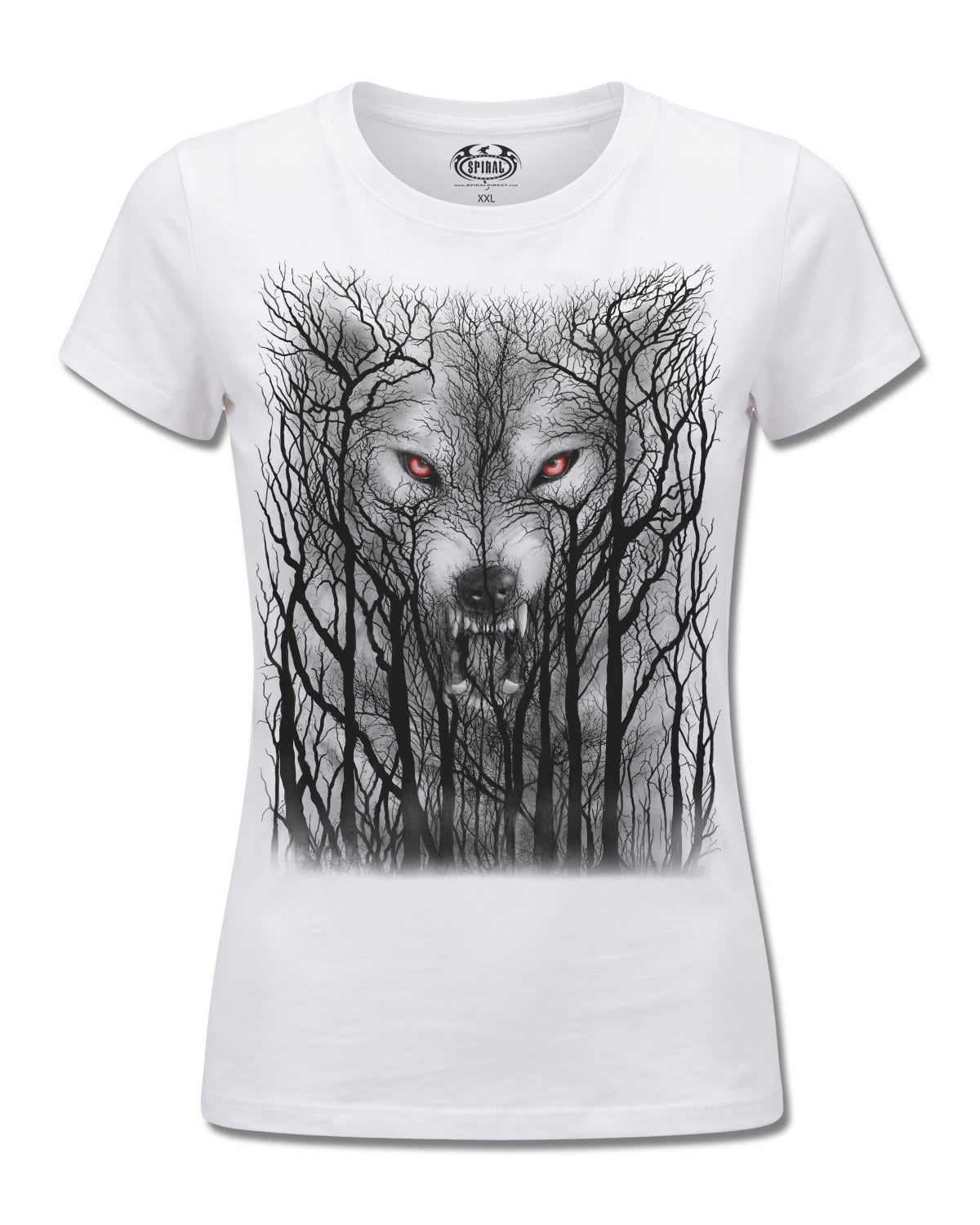 Spiral Forest Wolf design, front view on White F776, Rock Off Retail official merch