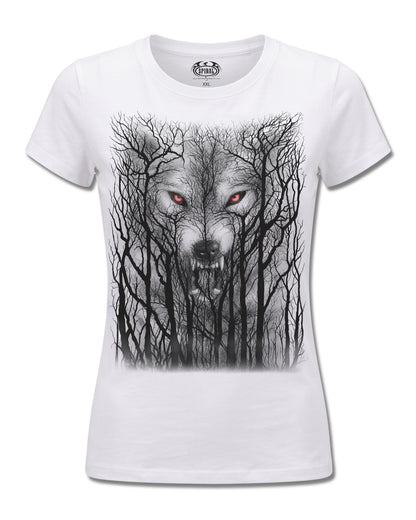 Spiral Forest Wolf design, front view on White F776, Rock Off Retail official merch