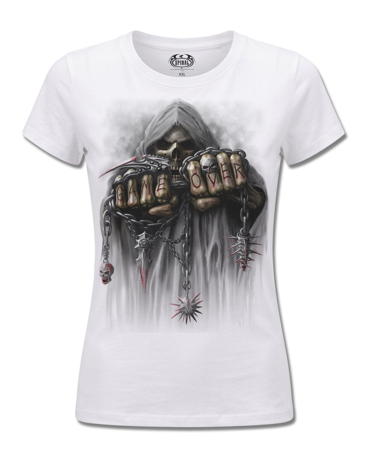 Spiral Game Over design, front view on White F776, Rock Off Retail official merch