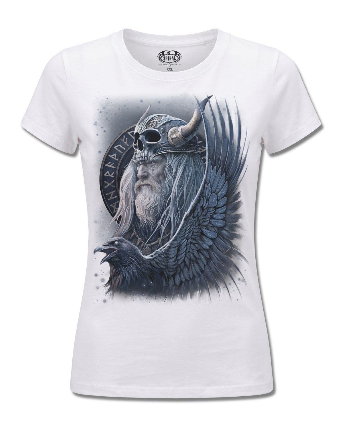 Spiral Odin's Warrior design, front view on White F776, Rock Off Retail official merch