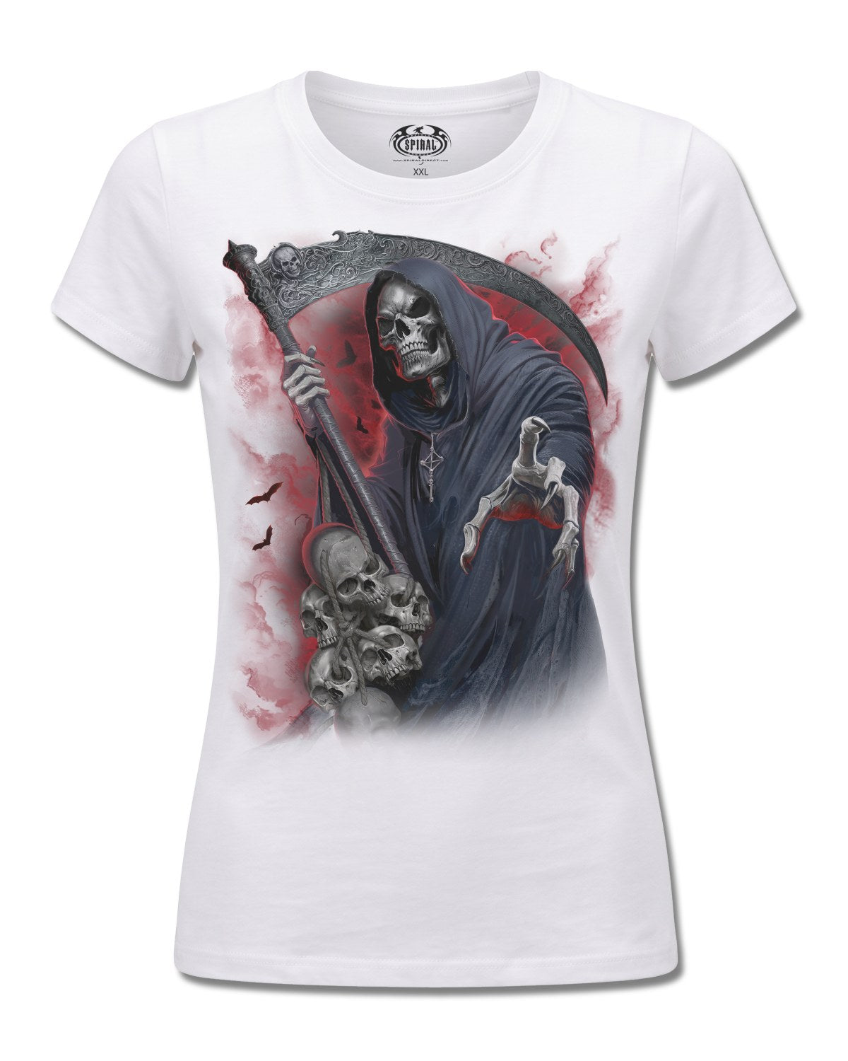Spiral Reaper Revenge design, front view on White F776, Rock Off Retail official merch