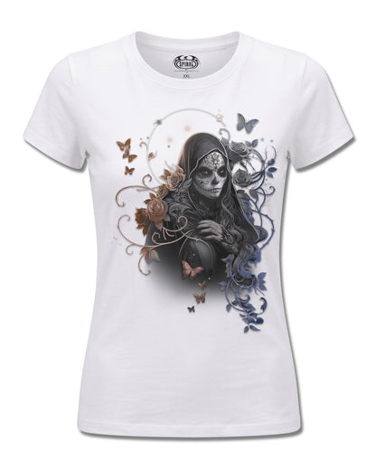 Spiral Gothic Grace design, front view on White F776, Rock Off Retail official merch