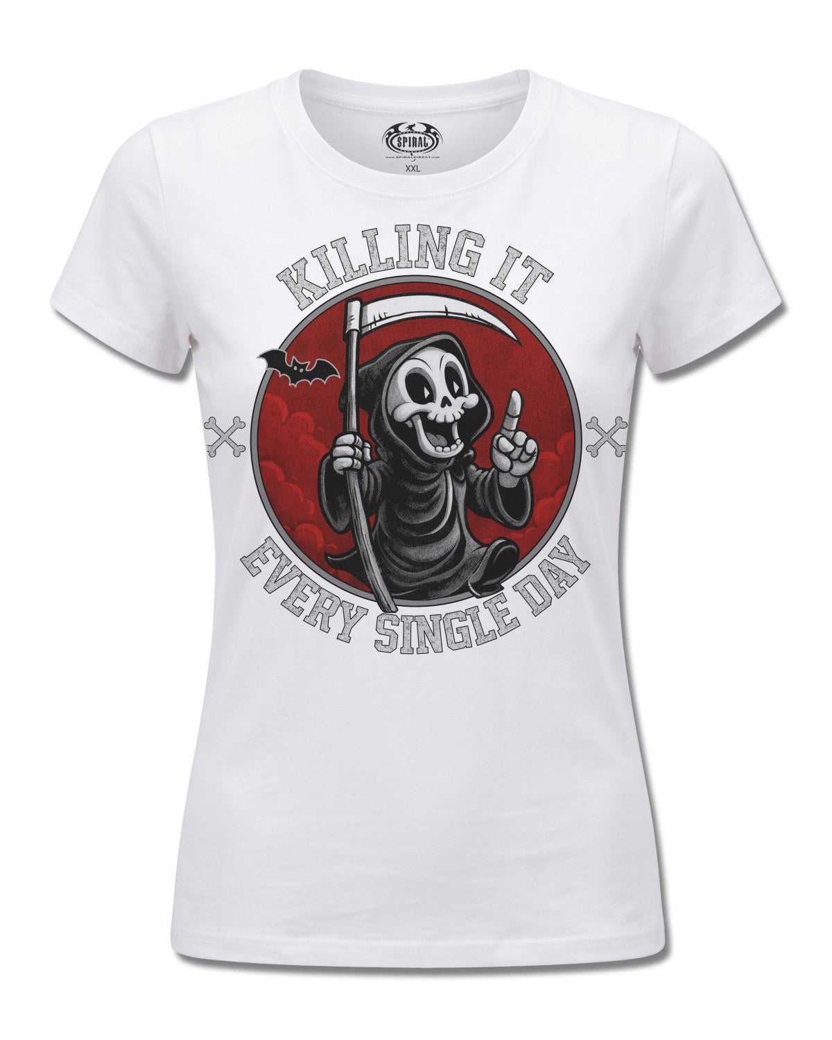 Spiral Killing IT design, front view on White F776, Rock Off Retail official merch