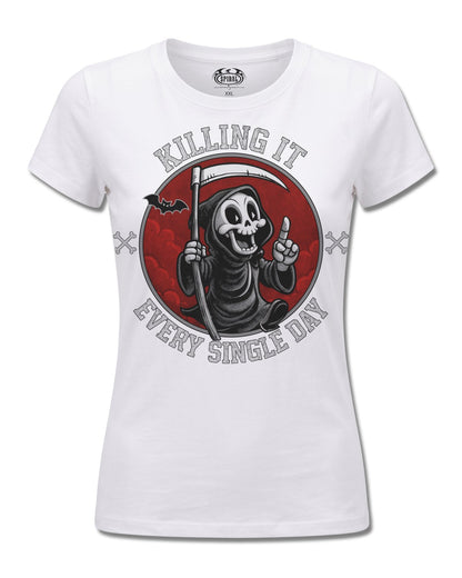 Spiral Killing IT design, front view on White F776, Rock Off Retail official merch