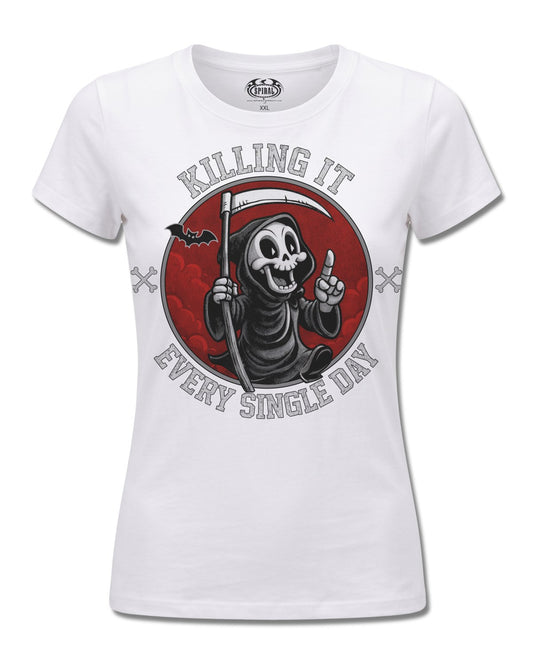 Spiral Killing IT design, front view on White F776, Rock Off Retail official merch