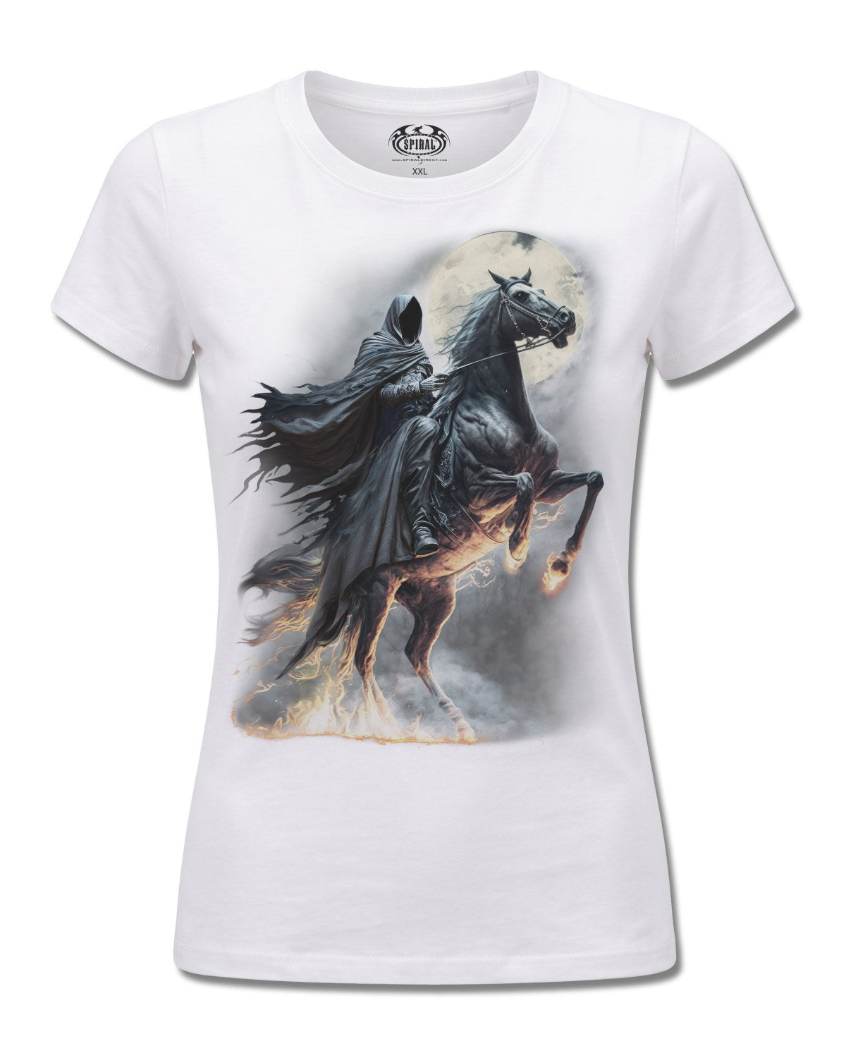 Spiral Shadow Rider design, front view on White F776, Rock Off Retail official merch