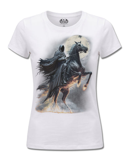 Spiral Shadow Rider design, front view on White F776, Rock Off Retail official merch