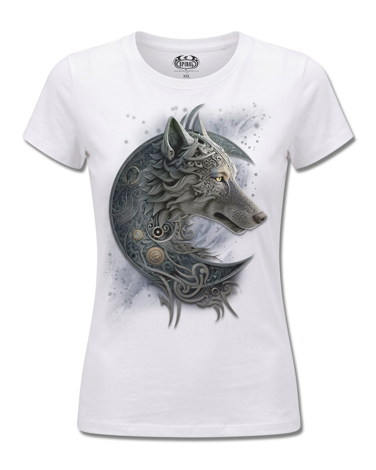 Spiral Celtic Wolf design, front view on White F776, Rock Off Retail official merch