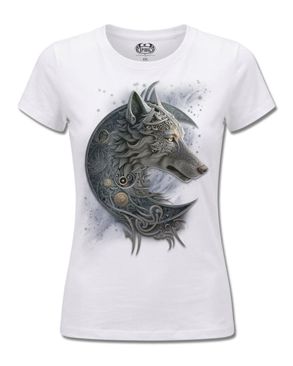 Spiral Celtic Wolf design, front view on White F776, Rock Off Retail official merch