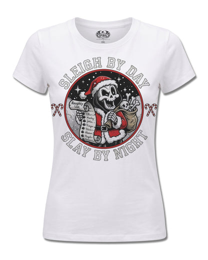 Spiral Slay By Night design, front view on White F776, Rock Off Retail official merch