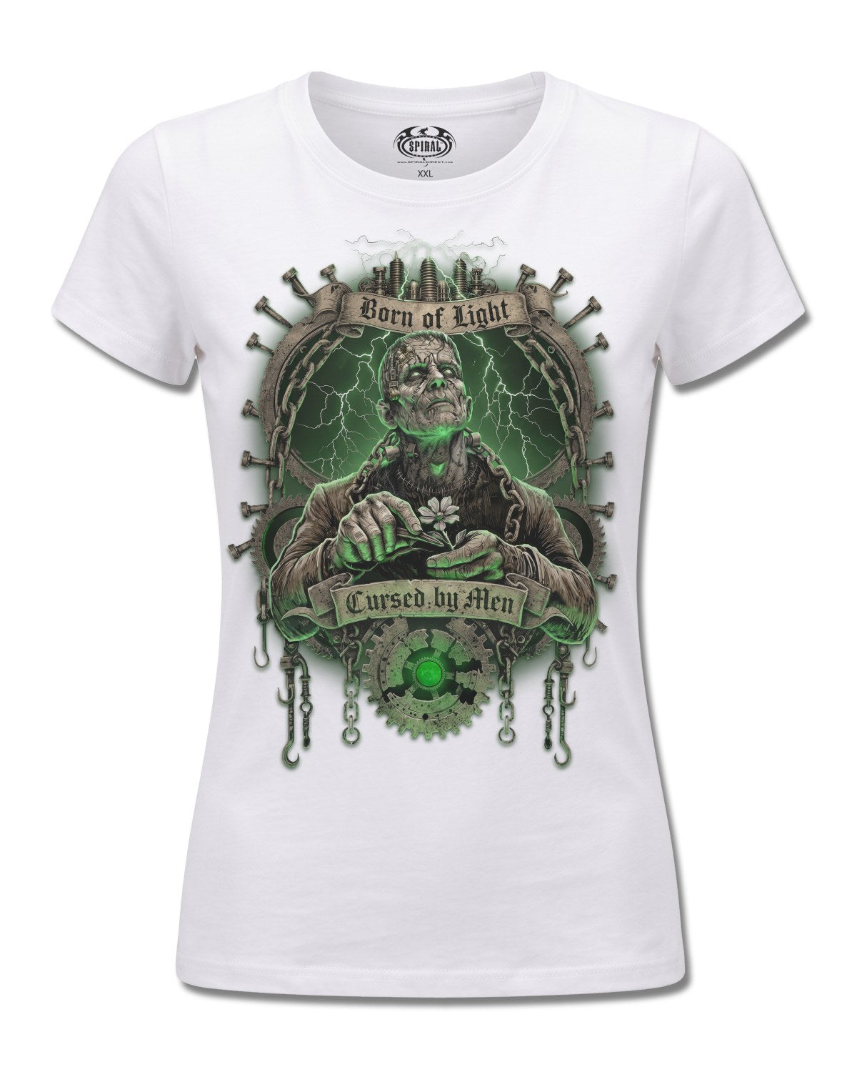 Spiral Cursed By Men design, front view on White F776, Rock Off Retail official merch