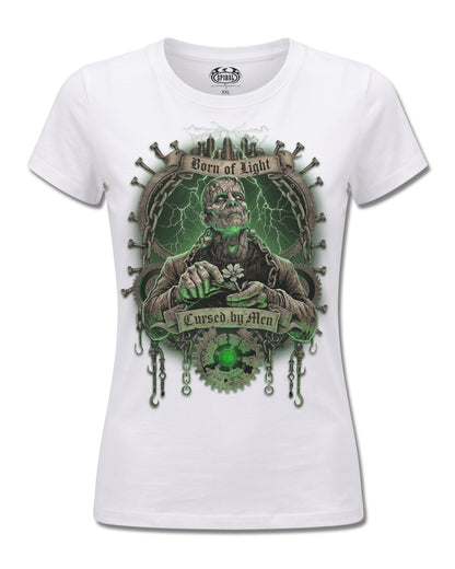 Spiral Cursed By Men design, front view on White F776, Rock Off Retail official merch