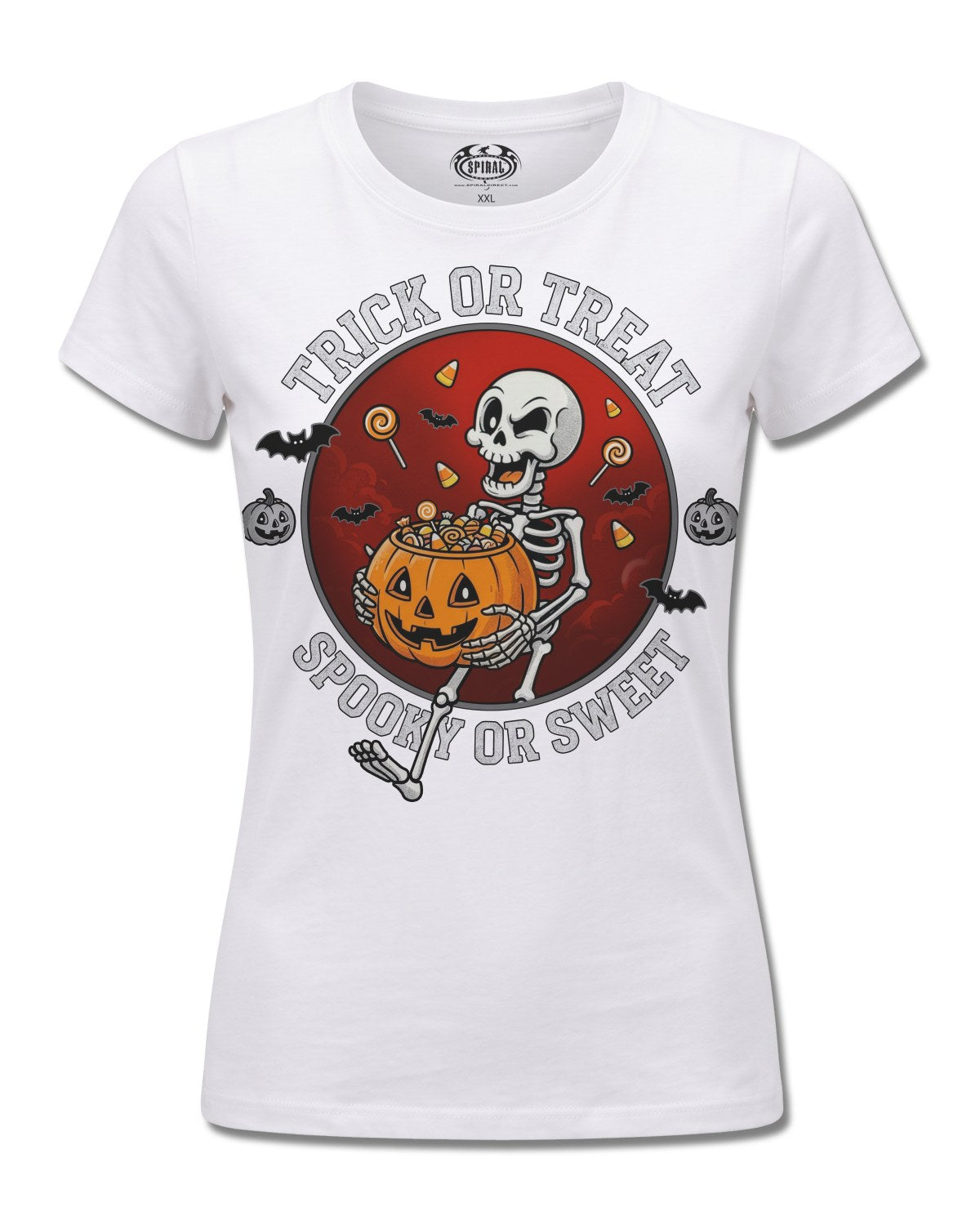 Spiral Spooky Or Sweet design, front view on White F776, Rock Off Retail official merch