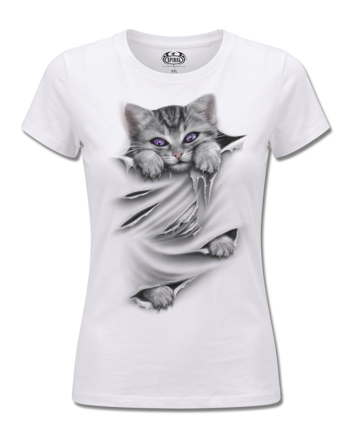 Spiral Bright Eyes design, front view on White F776, Rock Off Retail official merch