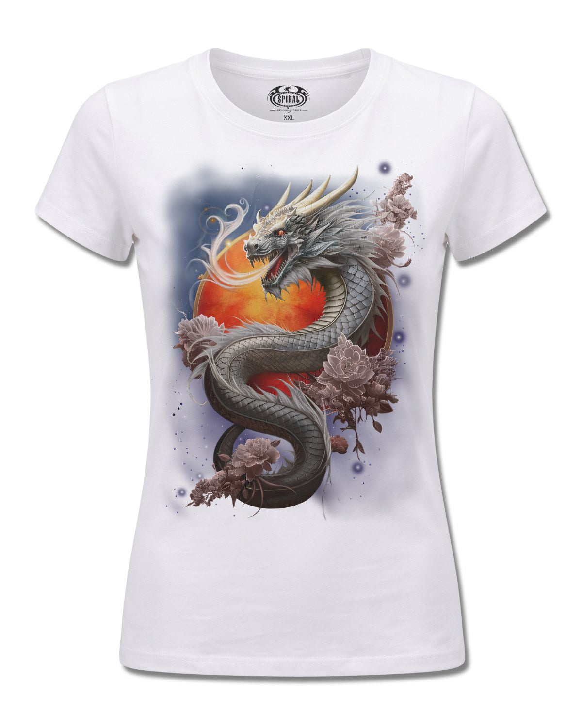 Spiral Sun Dragon design, front view on White F776, Rock Off Retail official merch