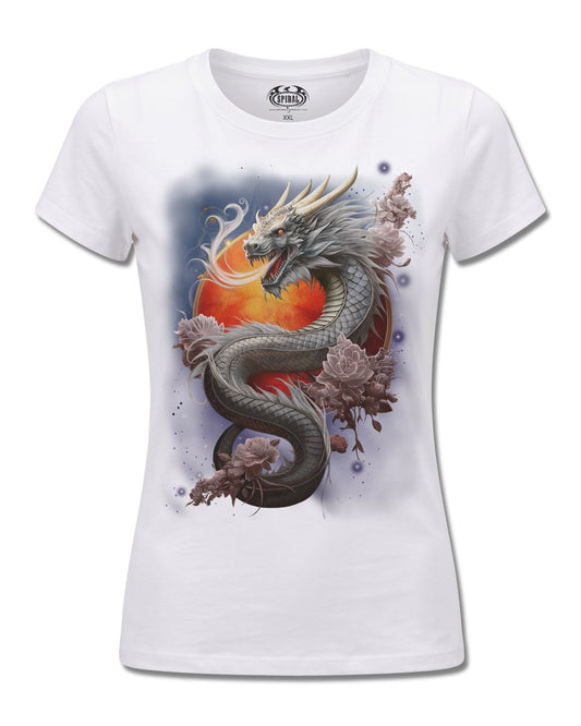 Spiral Sun Dragon design, front view on White F776, Rock Off Retail official merch