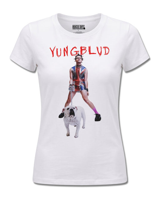 Yungblud Strawberry Lipstick (YUNGBLUD) design, front view on White F776, Rock Off Retail official merch